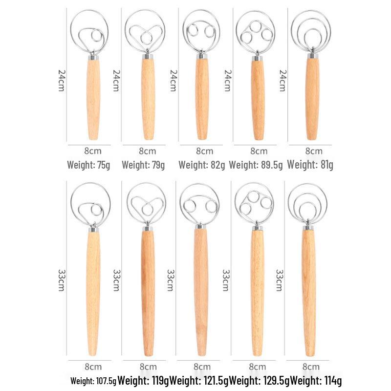 13" Oak Handle Danish Dough Mixer & Egg Beater - Stainless Steel Whisk Tool