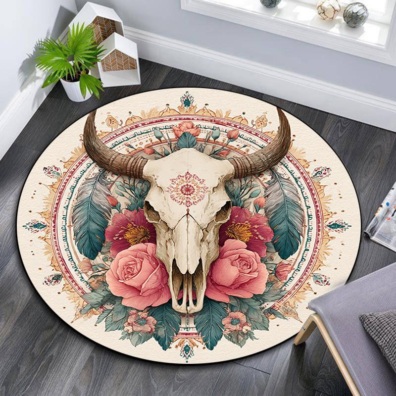 Bohemian Buffalo Skull Round Area Rug,Carpet Rug for Living Room Bedroom Sofa Playroom Decor,Non-slip Floor Mat