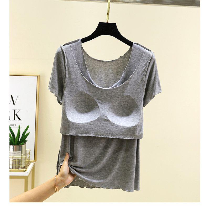 

Модальная тонкая футболка женская летняя с круглым вырезом больших размеров облегающий топ свободная без косточек с коротким рукавом базовая футболка с нагрудными подушечками Light gray XL (recommended 60.00 kg-70.00 kg