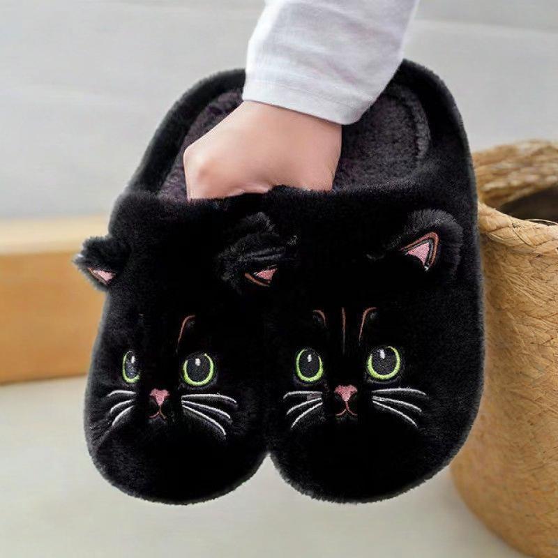 Black Soft Plush Open-Toed Cat Face Slippers for Indoor Comfort