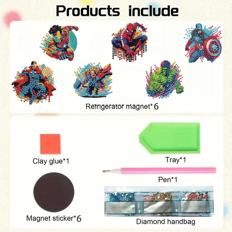 6Pcs Superhero Series Diamond Art Fridge Magnet Diamond Painting Refrigerator Magnet Diamond Painting Fridge Magnet for Adults Beginners