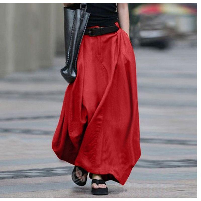 

2024 Half Length Flax Solid Color Loose Big Swing Skirt Red L