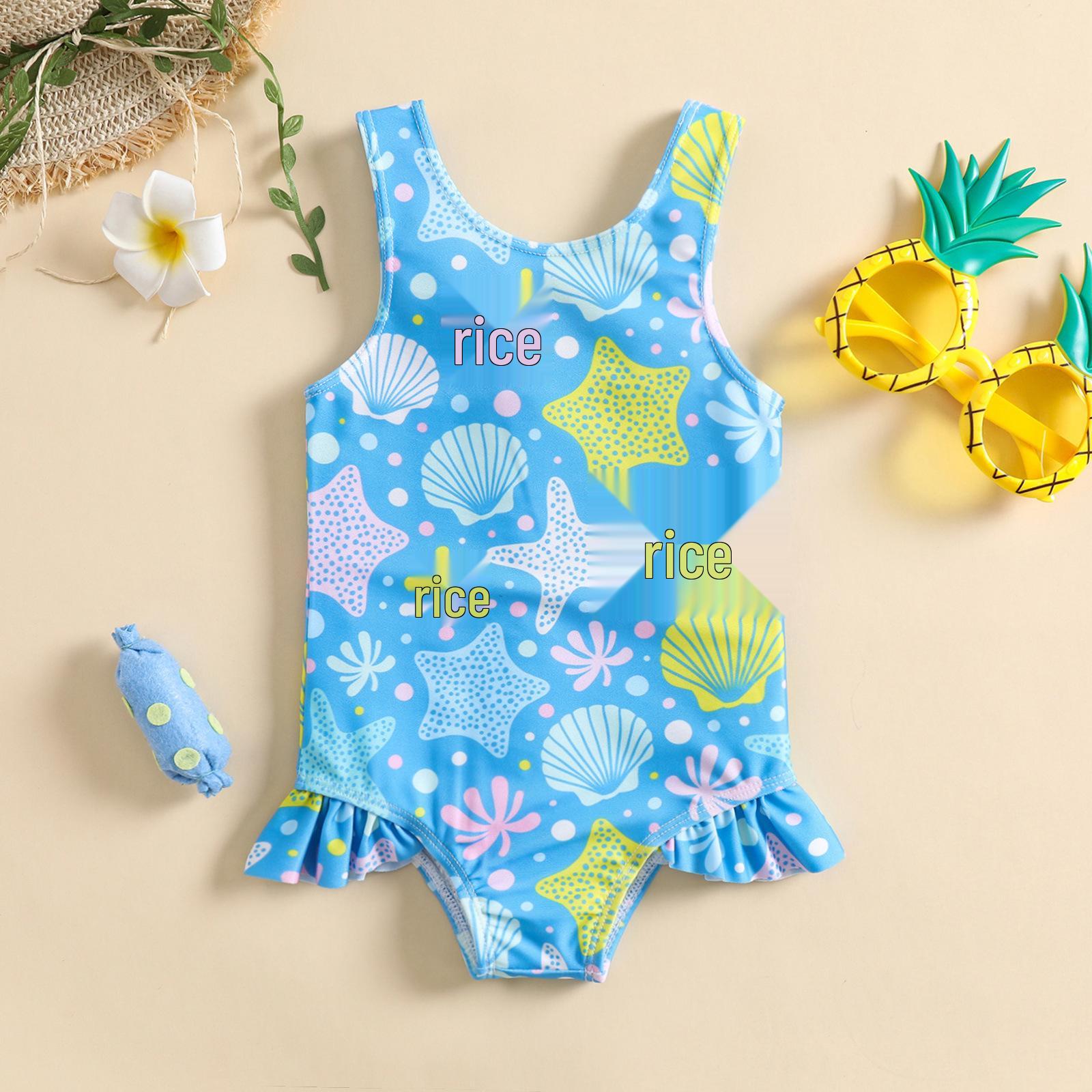 

Girls Shell Print One-Piece Swimsuit with Skirt 80 синій