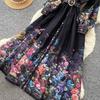 Vintage Black Floral Printted Maxi Dress Long Chiffon Sleeve Elegant Spring Palace Print Single-breasted Shirt Dress with Belt