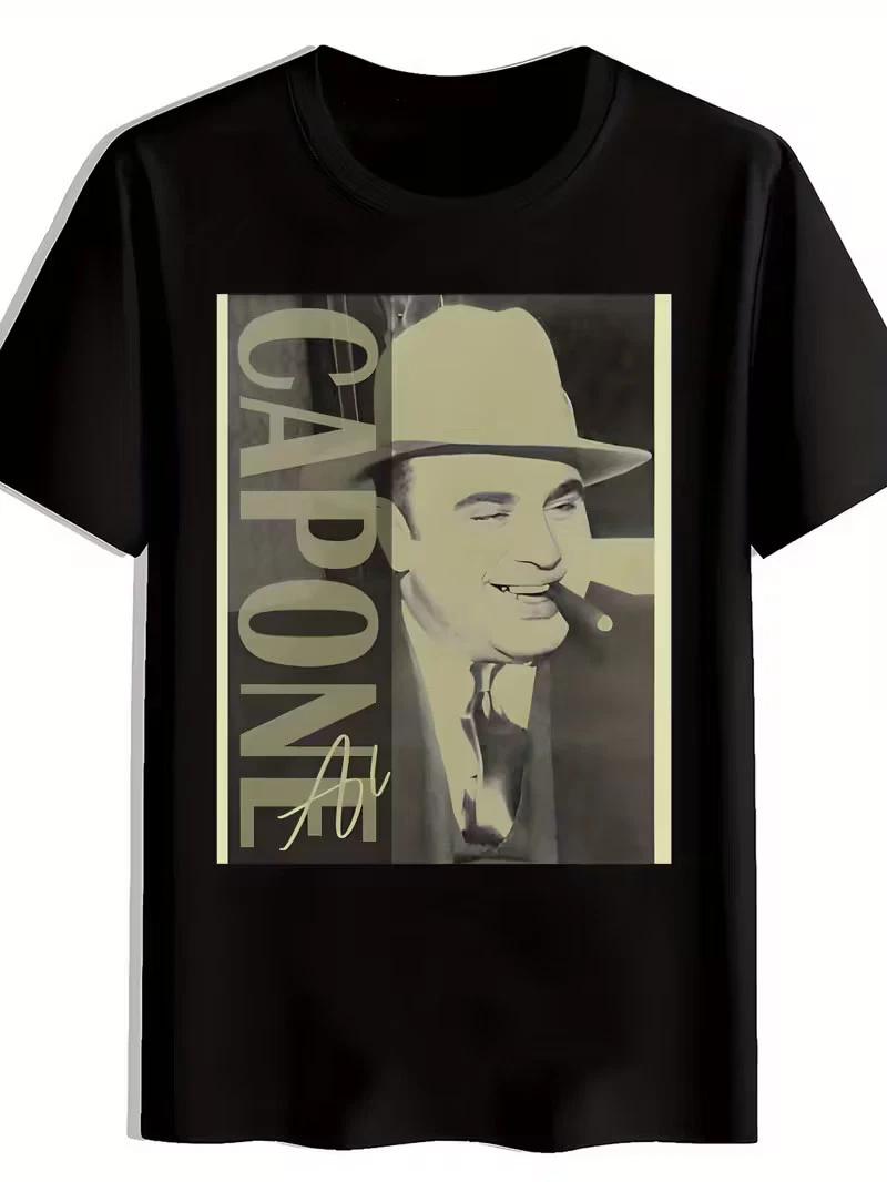 Men S Black T-Shirt with  CAPONE  Graphic Print - Vintage-Inspired Design, Short XXL