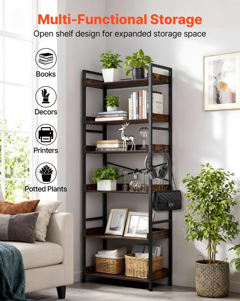 Industrial Bookshelf, 6-Tier, Vintage Ladder Shelf Bookshelves and Bookcases, with Metal Frame, Book Organizer with Open Shelves, for Living Room,