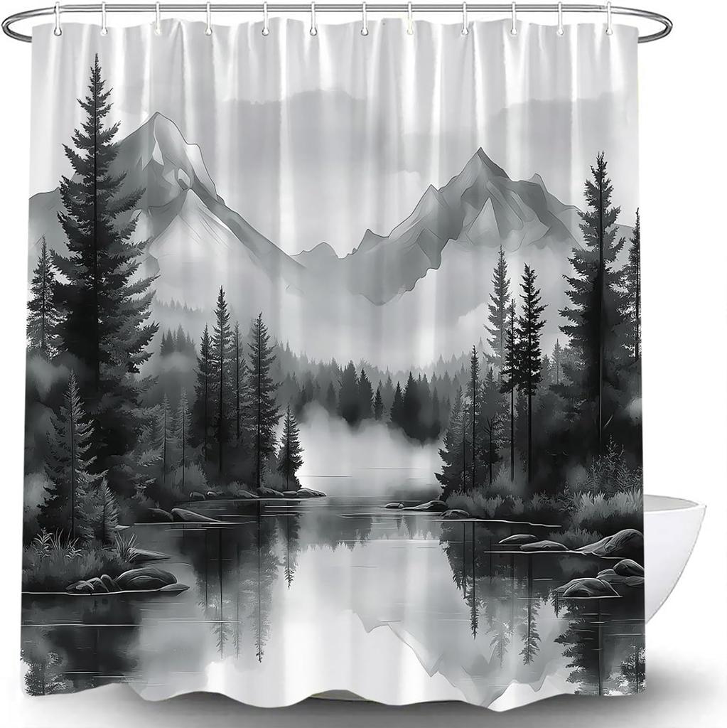 Green Misty Forest Shower Curtain Mountain Foggy Pine Trees Landscape Watercolor Jungle Plant Rustic Nature Scenery Lake Fabric