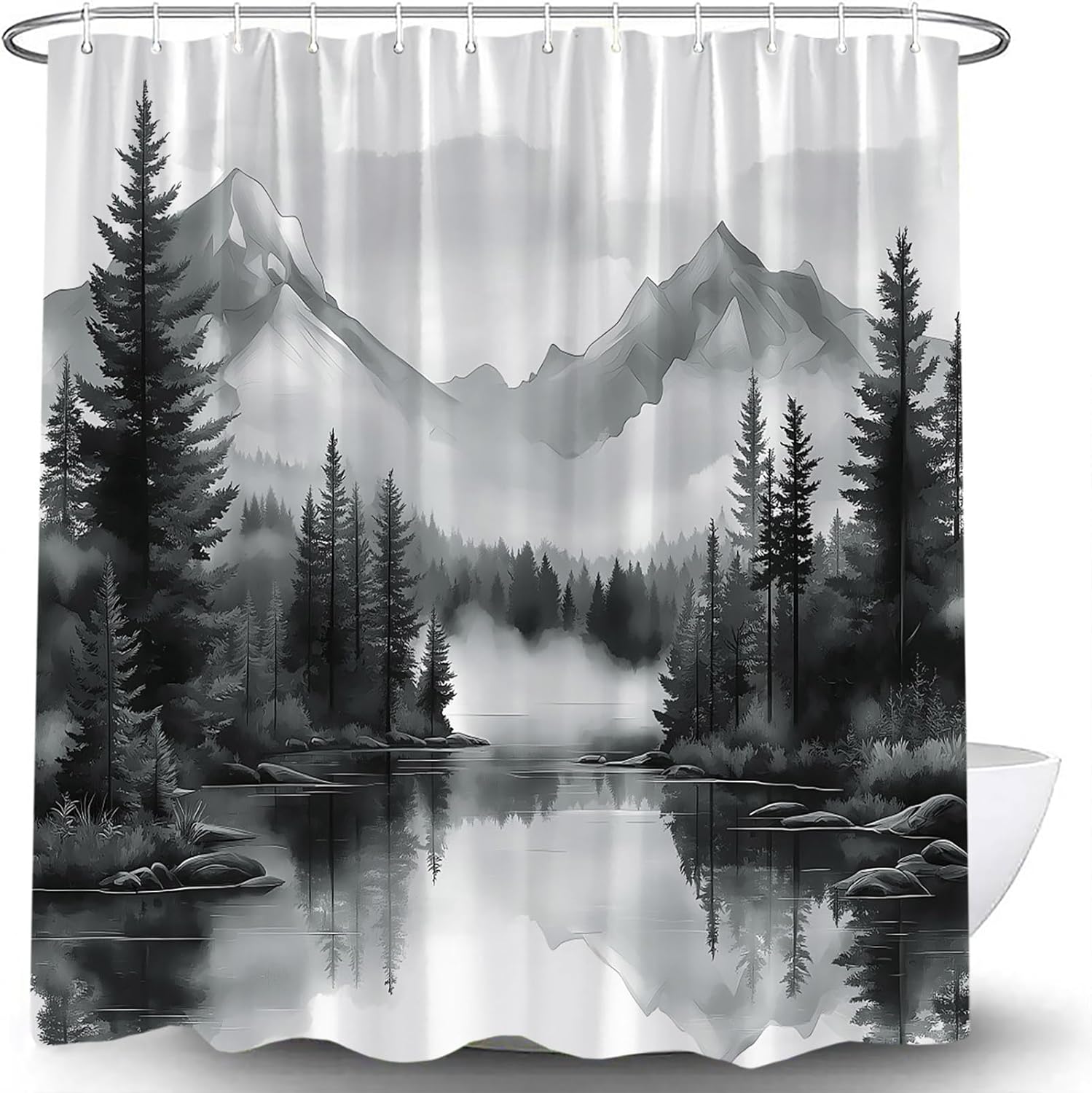 

Green Misty Forest Shower Curtain Mountain Foggy Pine Trees Landscape Watercolor Jungle Plant Rustic Nature Scenery Lake Fabric W60H190(CM)-1 Pcs