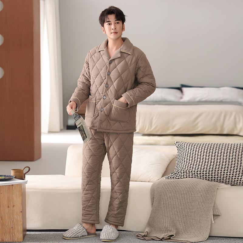 Men's three-layer padded pajamas winter thickened woven pure cotton warm padded jacket anti-static loungewear large size set