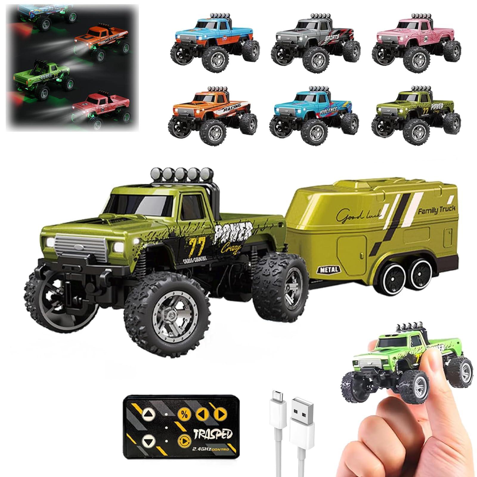 

RC Truck USB-C перезаряжаемый нижний уровень с прицепом, 1:64 масштаба грузовик с дистанционным управлением автомобиль с фарами, 2.4Ghz пульт дистанционного управления One Size зелёный