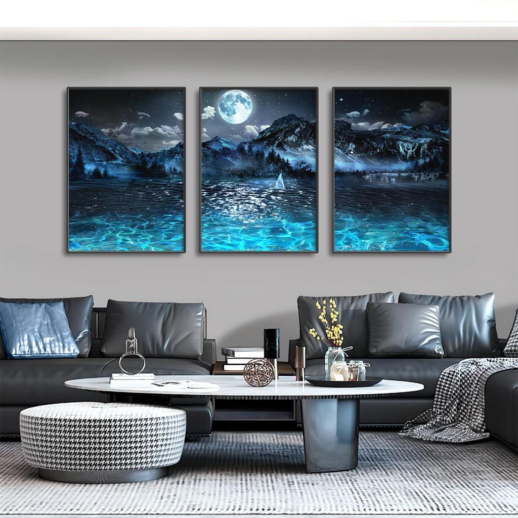 Sailboat on The Lake Deep Night Still Life Canvas Prints Moon Light Natural Landscape Poster Home Wall Art Living Room Decor