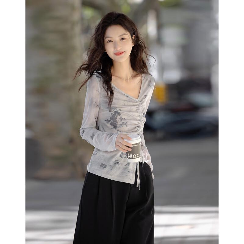 Women s New Chinese Ink Wash Print Long Sleeve T-Shirt S