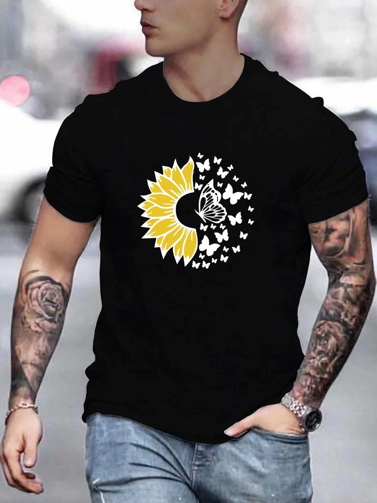 Sunflower Butterfly Print T-Shirt for Men's Casual Crew Neck Short-Sleeve Fashion Summer T-Shirt