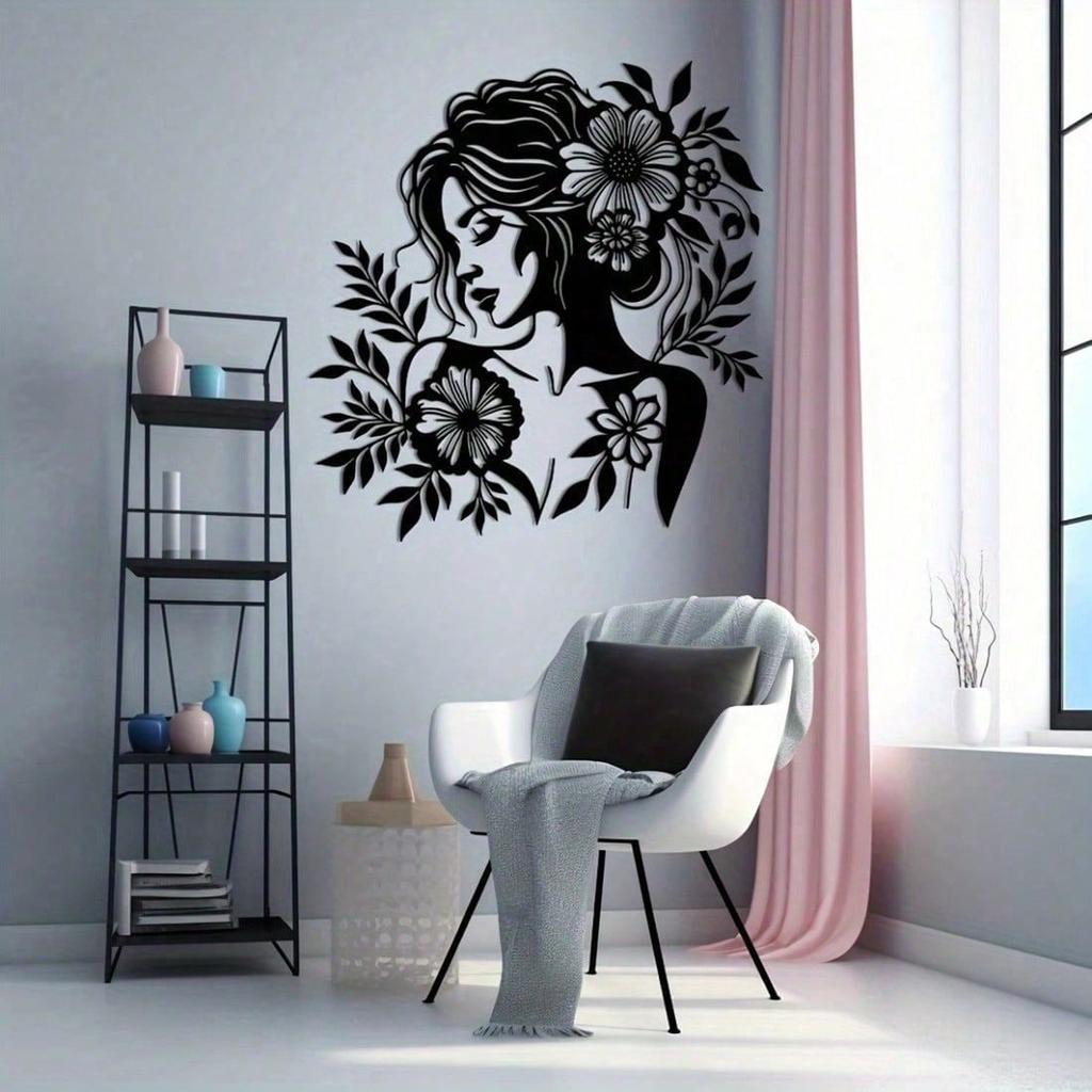 1 PC Black Flowers And Leaves Surrounding An Elegant Woman Minimalist Metal Wall Art - Modern Home Decor For Bedroom, Living Room, Or Bathroom.