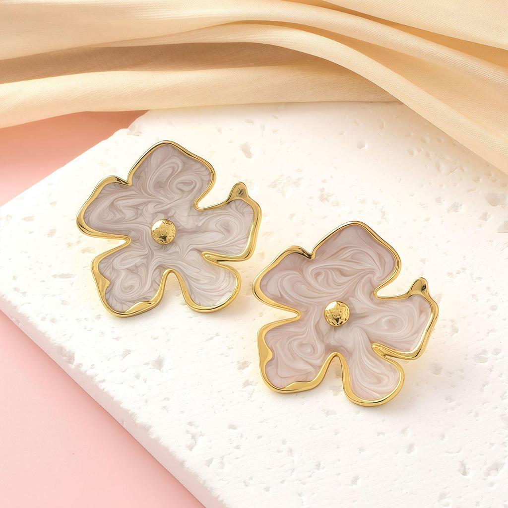Luxury Titanium Steel Flower Stud Earrings with Enamel and Irregular Petals