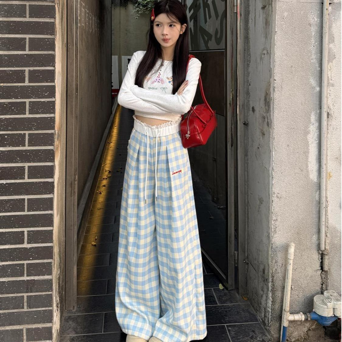 Dopamine Blue Women s High Waist Plaid Wide-Leg Trousers - Spring/Summer 2XL