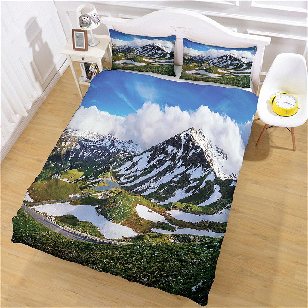 King Size Bedding Set 3D White Snowy Mountain Landscape Duvet Cover Comforter Bedclothes Children Kid Boy Bed Birthday Gift