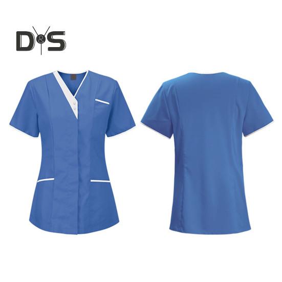 Bluzki pielęgniarskie z dekoltem w serek i krótkim rękawem, patchworkowe, kolorowe, kieszenie, guziki, dekolty, bluzki do chirurgii stomatologicznej, odzież robocza