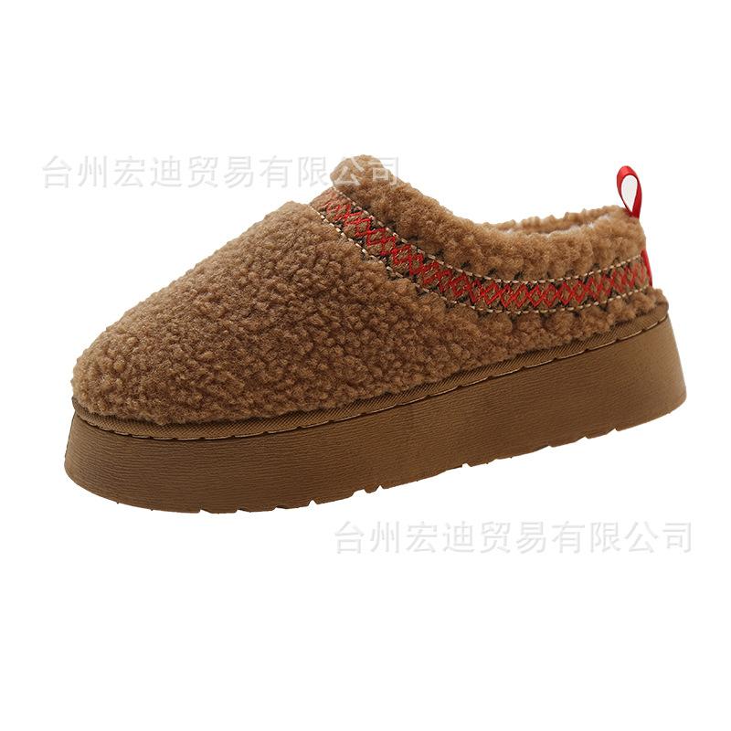 Thick-soled snow boots for women's new winter models, thickened warm lace, fluffy half-drag, one-pedal cotton shoes