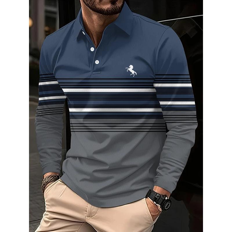 Men's spring and autumn long-sleeved shirt polo men's business casual lapel striped top polo