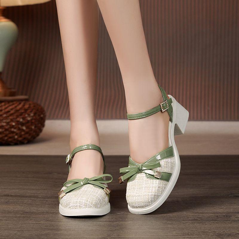 Sandals for Women Green Footwear Closed Summer 2024 Bow Square Heels Low Ladies Shoes Vintage On Offer Korea Comfort Vip Trend