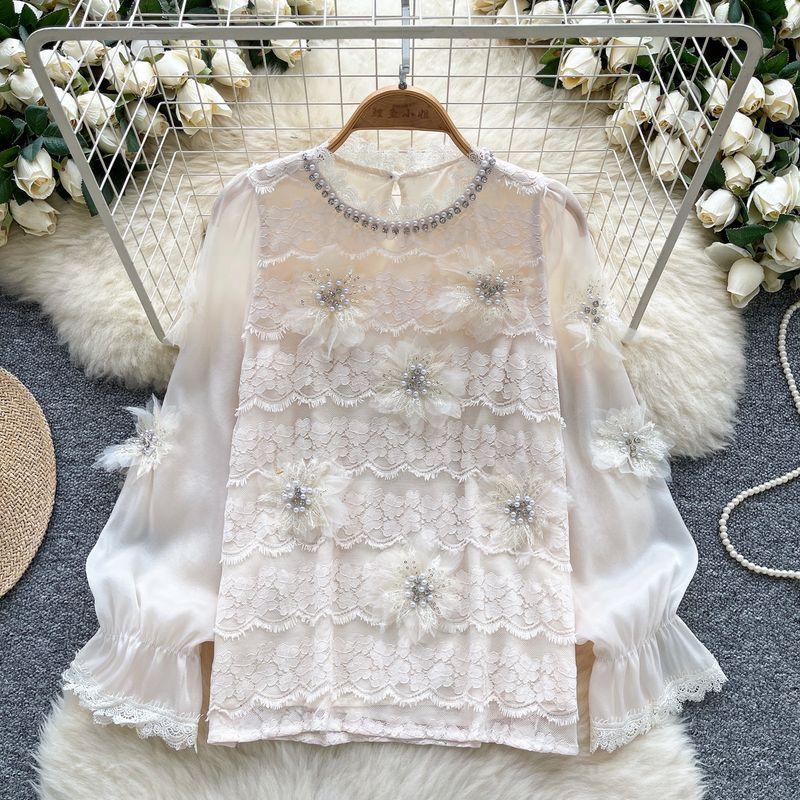 

Высококачественные бусины для тяжелой промышленности, инкрустированные бриллиантами, трехмерные цветы, кружевная строчка, рубашки с длинным рукавом, женский западный стиль, универсальный топ Apricot All yards