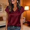Women Tops Loose Fit Summer Blouse V-Neck Short Sleeve Smooth Satin Soft Stretchy Pullover