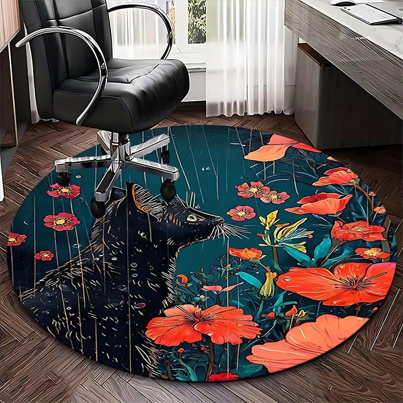 1pc Anime Design Round Carpet Black Cat with Red Flowers Office Chair Mat, Non Slip Rug for Home Decor, All Seasons