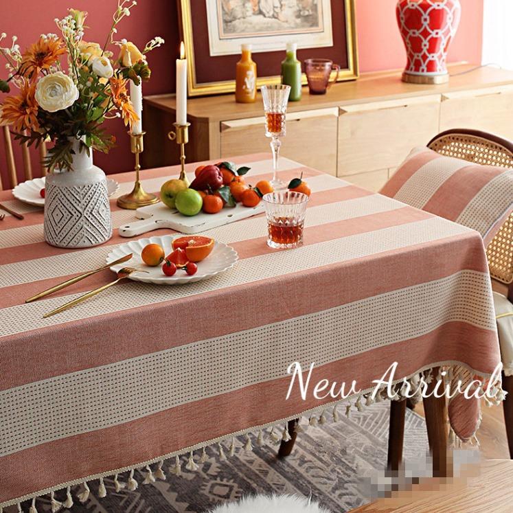 Ins Nordic Plain Striped Tablecloth Cotton And Linen Fringed Lace Dining Table Cover Party Tablecloth Square Table Ins Style