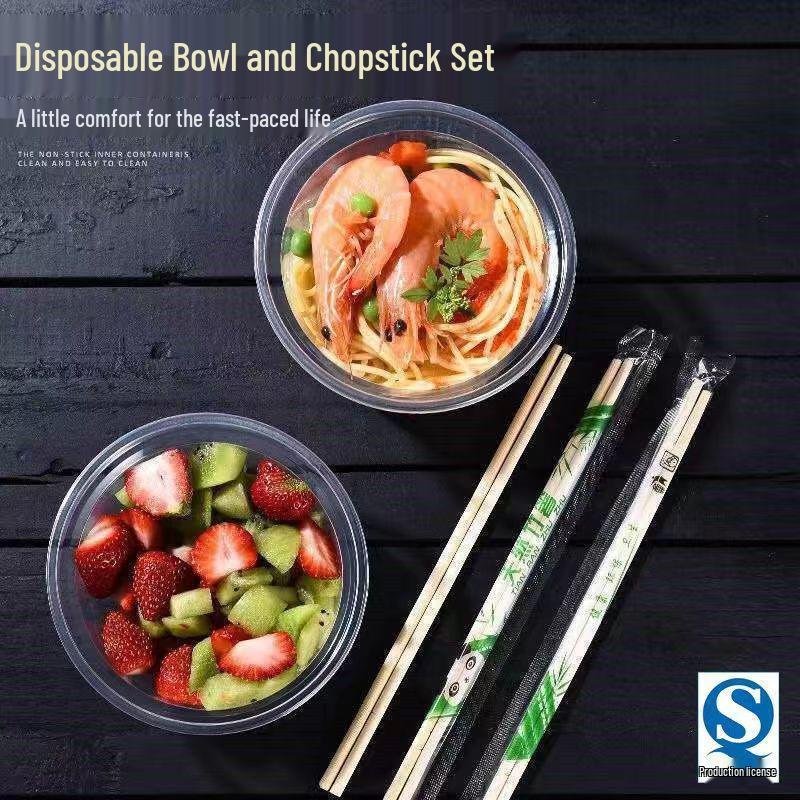 Disposable Transparent Plastic Bowl & Chopsticks Set for Rice, Noodles, Soup, Tangyuan - Small Round Bowls with Lids for Home & Commercial Use