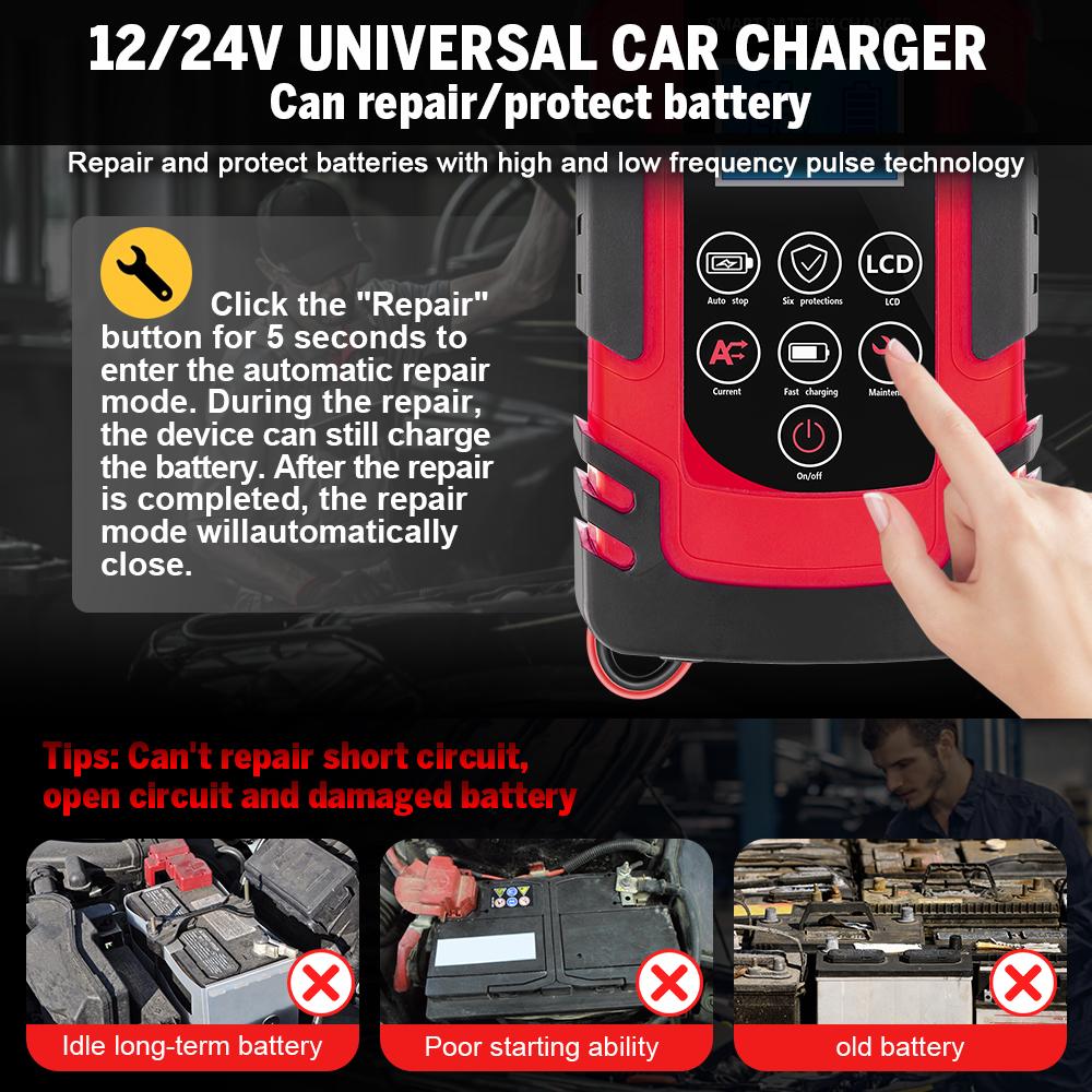 New Fully Automatic Battery Charger 12V 24V Smart Battery Pulse Repair Tools Lead Acid Battery Charger LCD Digital Display
