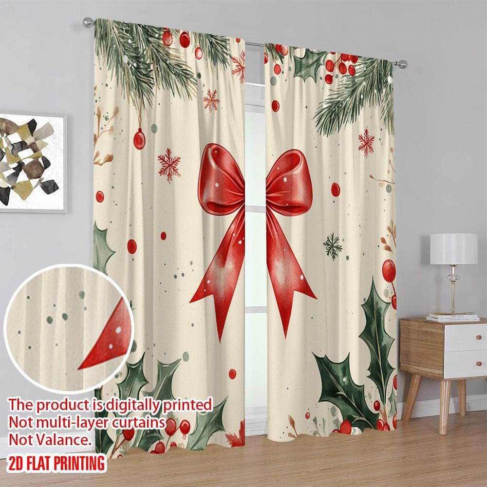 2pcs,2D plane printing Pattern Curtains Christmas Ornaments Red Bow Watercolor (3) Polyester Fabric (without rod) Holiday Ldeal