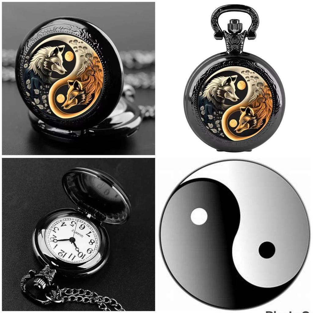 Vintage Retro Gold Bronze Doppel Wolf Yinyang Quarz Unisex Männer Frauen Taschenuhr Quarz Halskette Anhänger Uhr Kette Klassische Zifferblatt Schmuck Geschenk