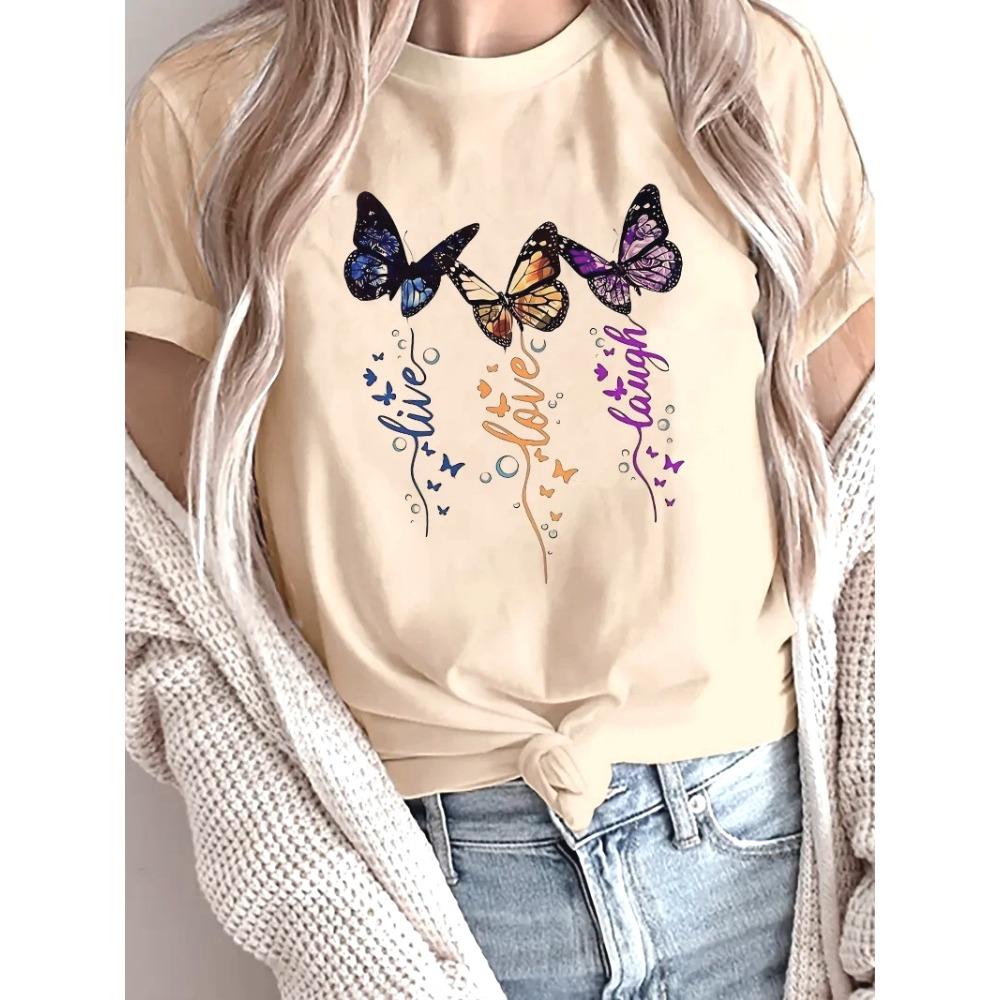 

Women s casual short sleeved T-shirt with butterfly pattern printed leopard heart iced coffee design round neck T-shirt 6XL
