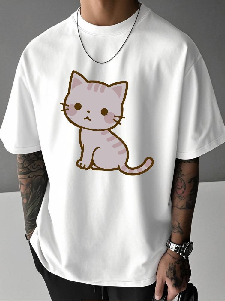 Men White Short Sleeve Tee Cute Blush Striped Grey Kitten Cartoon Graphic Crew Neck Loose Casua