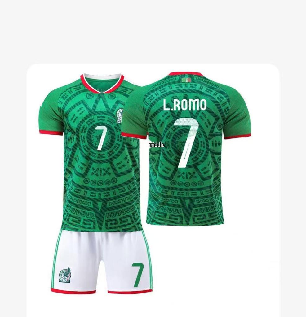 Kids' Mexico Football Jersey Set: Home No. 14 Hernandez & No. 22 Lozano.