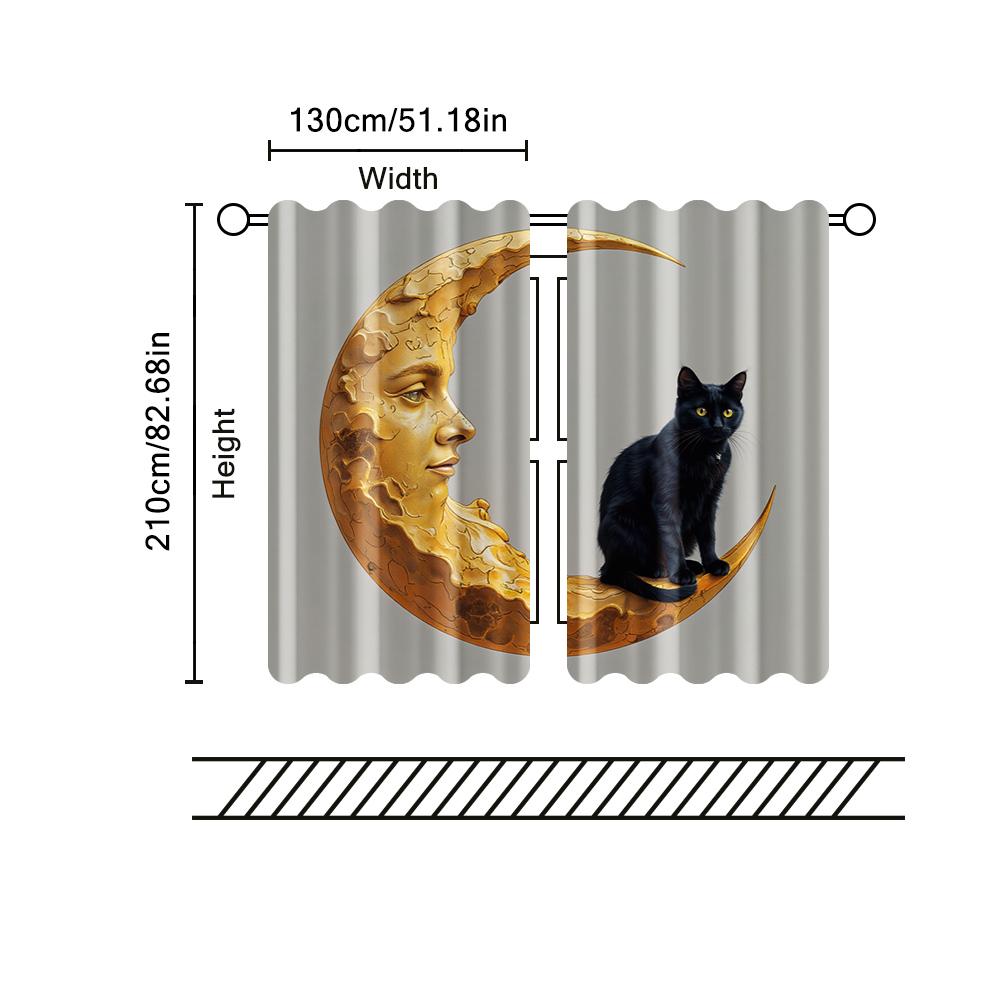 2 Pcs   Filtering Curtains (excluding Rods   Non-movable   Without Batteries) Black Cat On Moon for Use In Bedrooms and Living