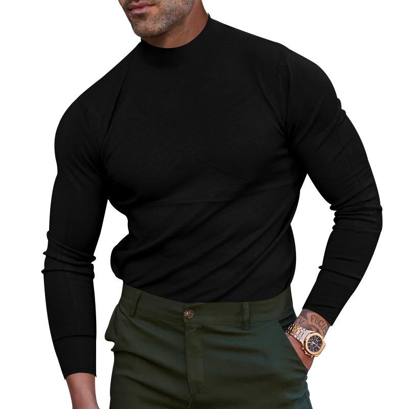 Men's Autumn/Winter Solid-Colour Long-Sleeved T-Shirt in Wool Blend Men's Base Layer Top with Close-Fitting Semi-Round Neck