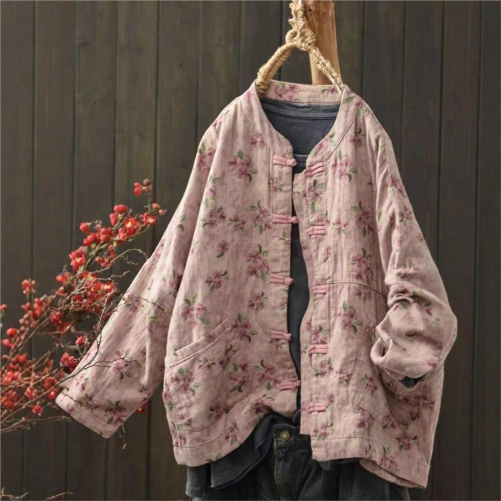 Johnature Women Vintage Print Floral Jackets Stand Long Sleeve Autumn Chinese Style Female Jackets