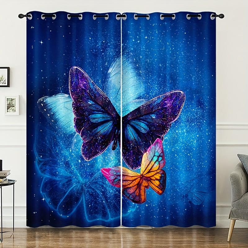 2 Stück Lila Und Blau Kristall Schmetterling Blumen Bedruckt Vorhangstangentasche Montage Digital Gedruckte Vorhänge Für Wohnzimmer Kleidung