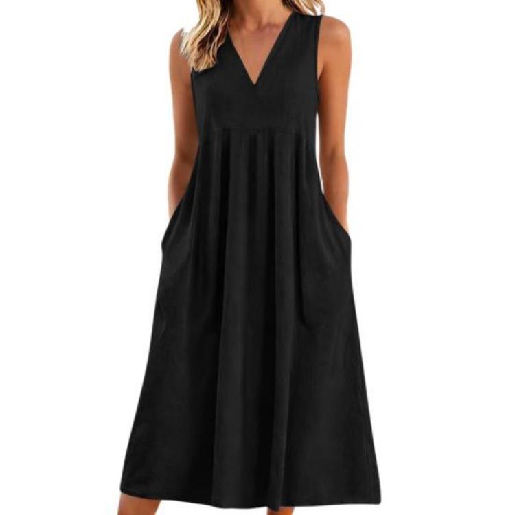 Women s Summer Casual Sleeveless V Neck Flowy A Line Midi Linen Sundress with Pockets S