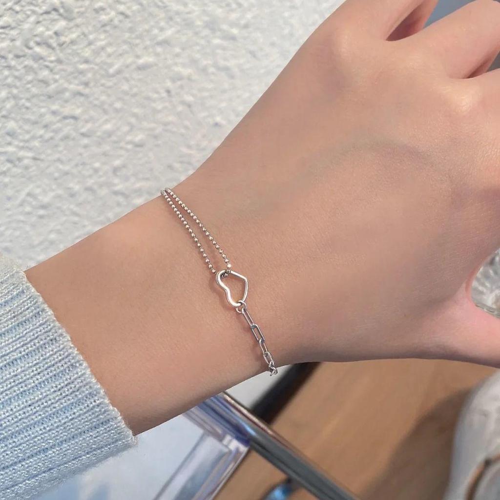 Korean-Style Hollow Silver Heart Bracelet: Double Layer, Simple and Fashionable