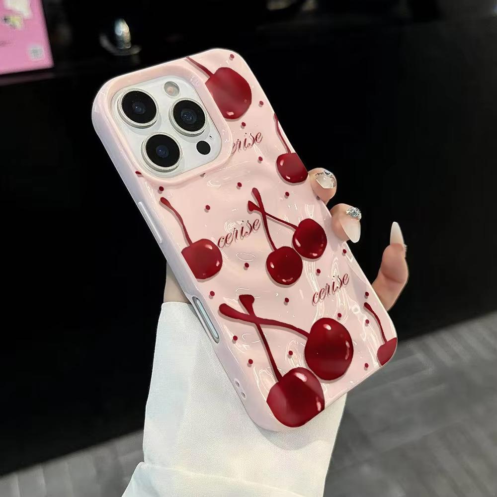 Korean Cherry Pattern Phone Case For iPhone 17 16 15 14 13 12 11 Pro Max 14 15 Plus 17 Air Wrinkle Wave Soft Silicone Drop Cover