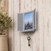 Key Holder with Hidden Storage Shelf, Mediterranean-Style Window Frame Photo Display Stand, Functional Entryway Organizer with Blinds Decor