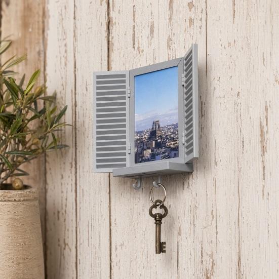 Key Holder with Hidden Storage Shelf, Mediterranean-Style Window Frame Photo Display Stand, Functional Entryway Organizer with Blinds Decor