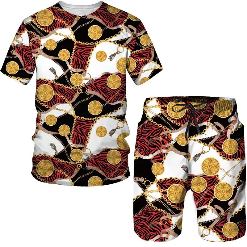 Summer Men's Luxury Golden Pattern T-Shirts/Shorts/Sets Vintage 3D Printed Two Piece Suit Fashion Jogger Male Streetwear Clothes