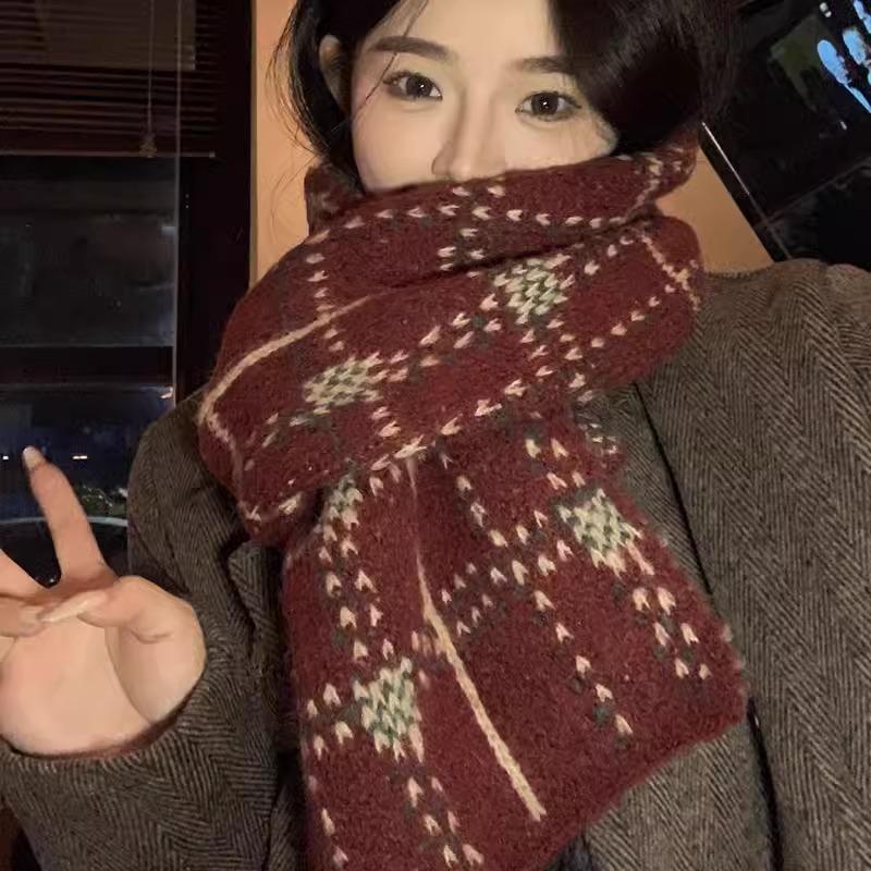 New New Year's Christmas atmosphere red scarf women's winter retro warm versatile wool knitted scarf