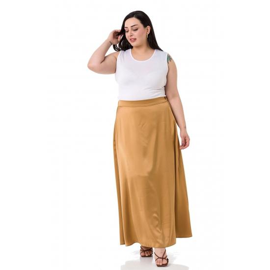 Women's Plus Size Flared Satin Long Black Skirt with Elastic Waist Back