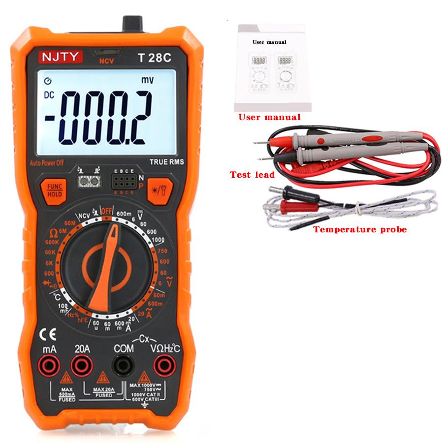 NJTY T28A Multimeter High Precision Digital Display Household Multipurpose Electrician Meter 28C with Temperature Measurement