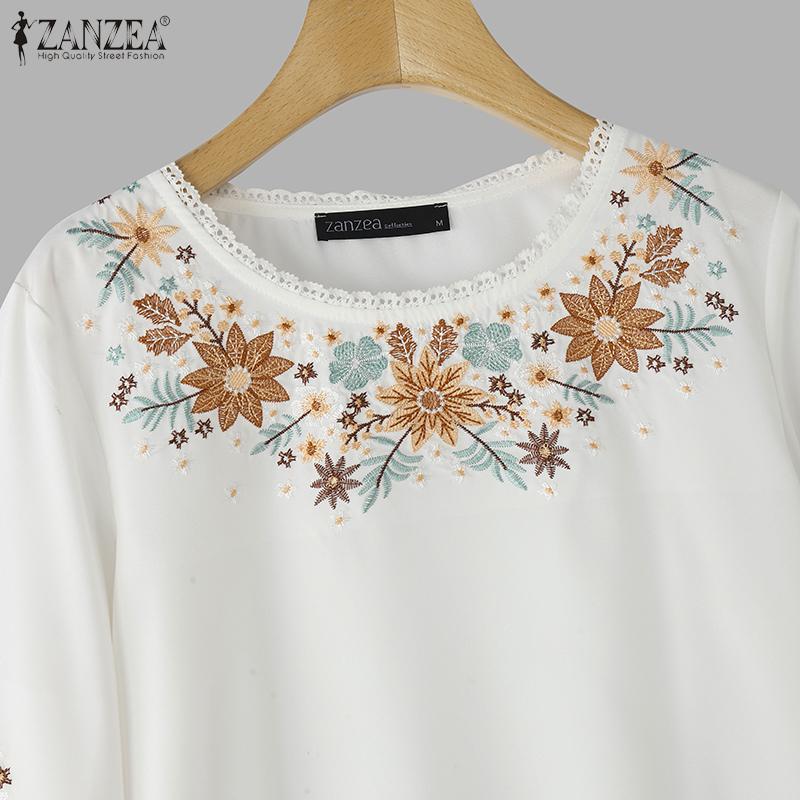 ZANZEA Women Casual Floral Embroidered Loose Half Sleeve Blouse